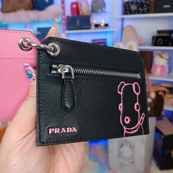 NIB PRADA Pink/Black Saffiano Leather Puppy Key Charm Card Holders Set $550 - Picture 6 of 13